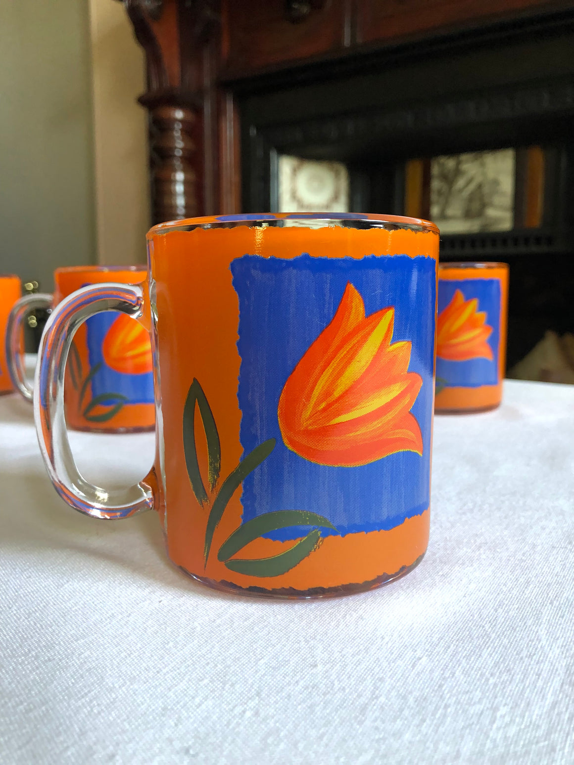 Set of 6 French Orange and Blue Clear Glass Etched Mugs