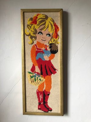 Vintage Blonde Girl Framed Needlepoint Art