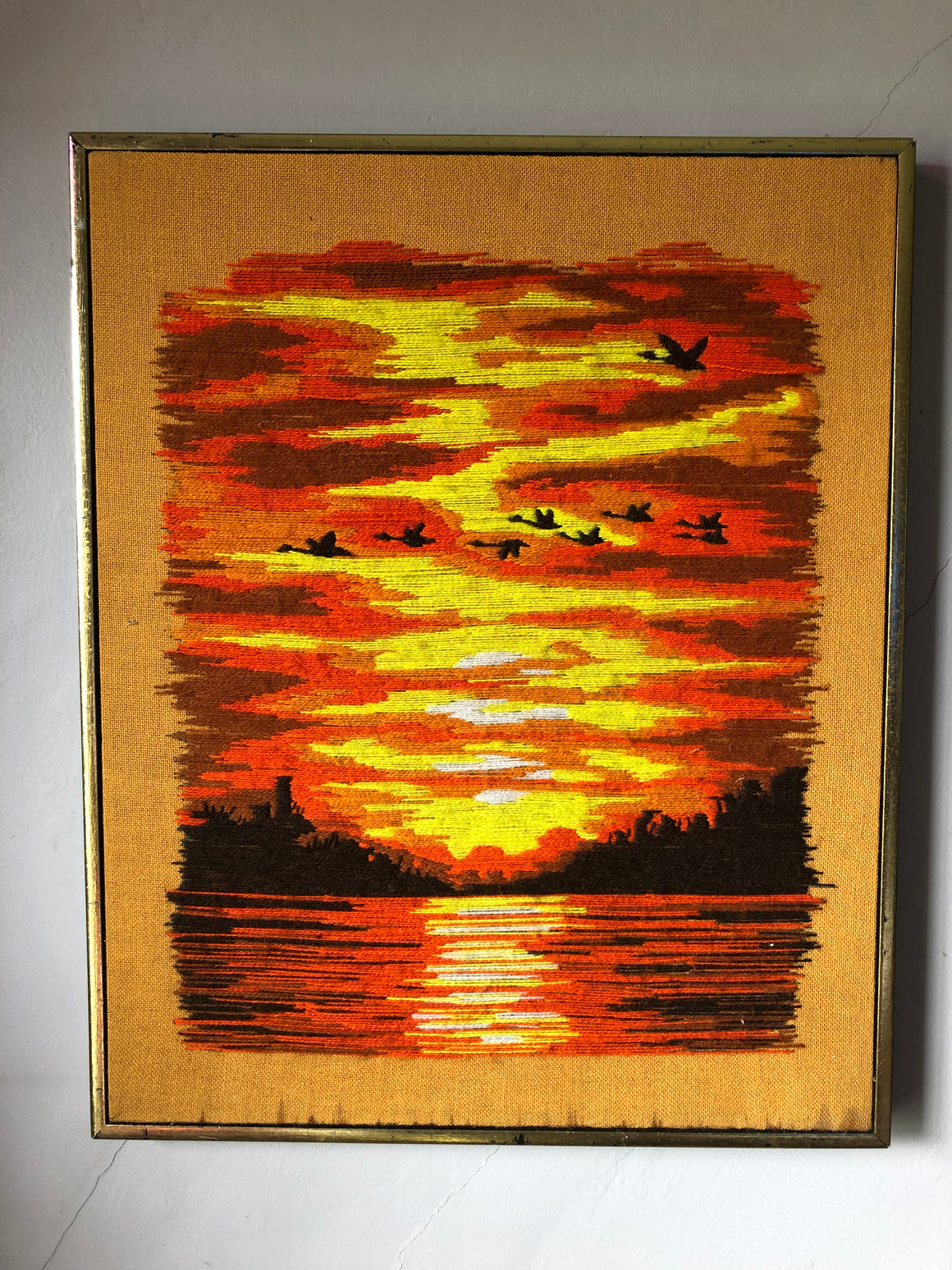 Vintage Sunset Framed Needlepoint Art