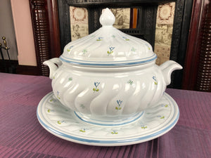 Vintage Large Italian Hand Painted White Floral Tureen and Underplate