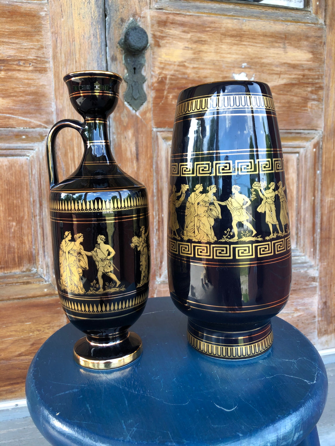 Pair of Black Greek Vases with 24K Accents - Black Pitcher/Vase with 24K Gold Accents