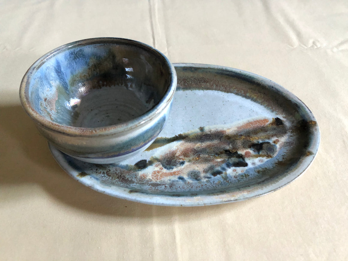 Blue Ceramic Plate with Attached Bowl
