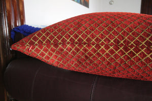Rose - Wine Red and Gold Velvet Plaid Pillow Cover - 20x20