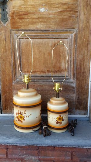 Mid Century Vintage Ceramic Floral Orange Table Lamps