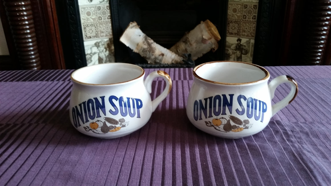 Set of 2 Vintage Festival Gres Stoneware KOREA Onion Soup Cups or Bowls with Handle