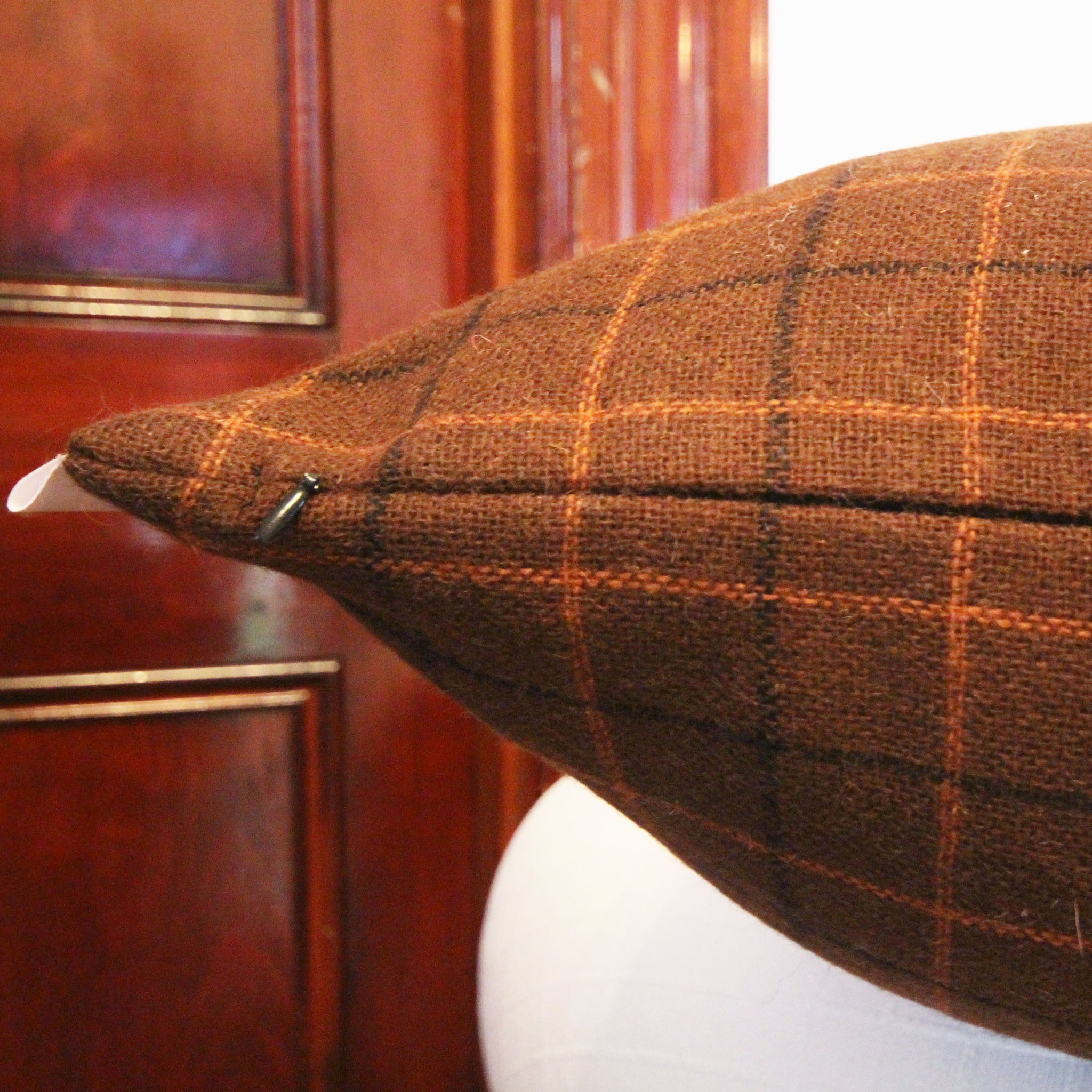London - Brown and Orange Wool Plaid Pillow Cover - 20x20 - Maa-Kal Boutique Canada
