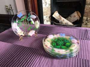 Hand Painted Clear Glass Floral Bread Plates