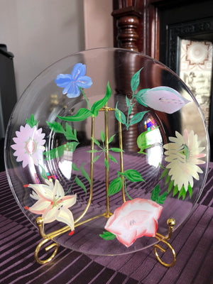 Hand Painted Clear Glass Floral Bread Plates