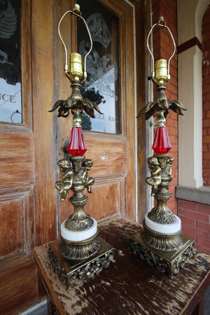Vintage Brass Cherub Hollywood Regency Table Lamps