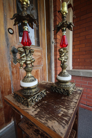 Vintage Brass Cherub Hollywood Regency Table Lamps