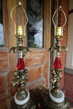 Vintage Brass Cherub Hollywood Regency Table Lamps