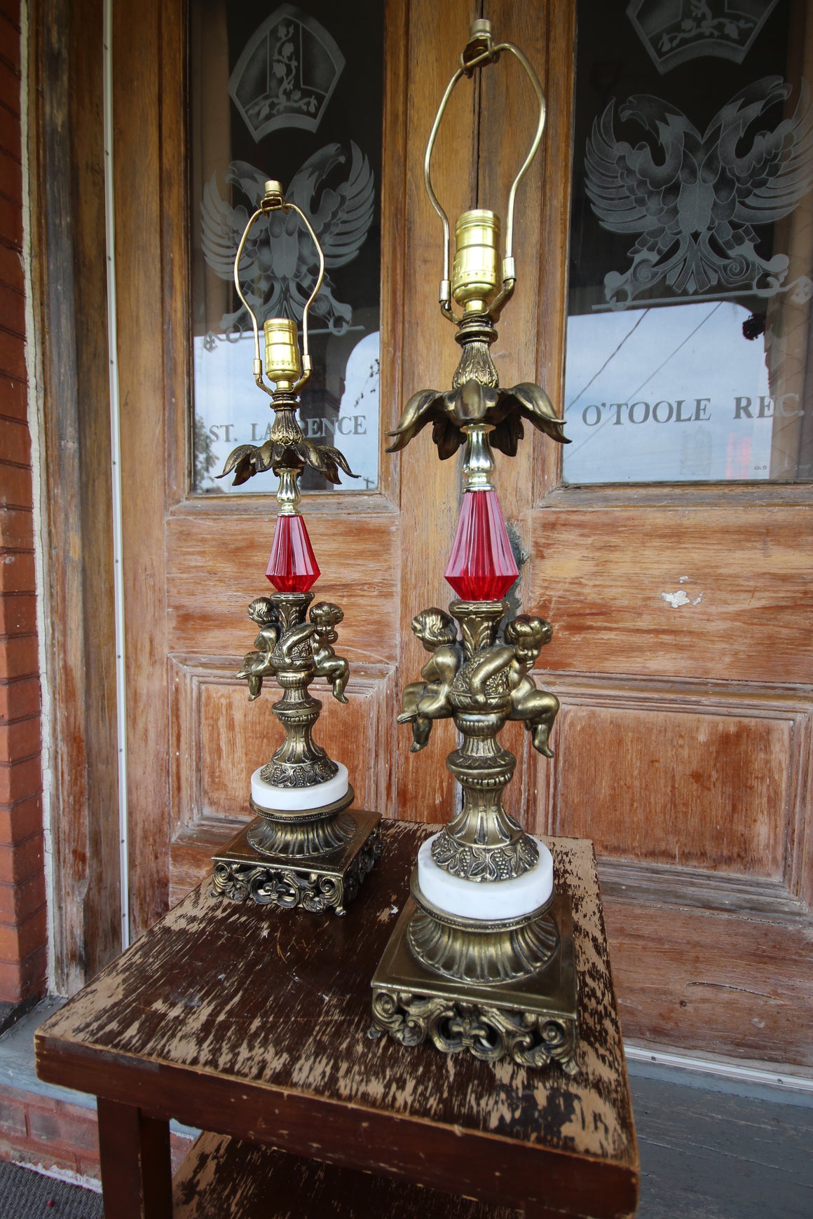 Vintage Brass Cherub Hollywood Regency Table Lamps