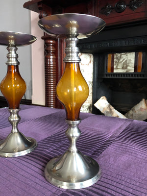 Vintage Metal and Brown Candle Holders