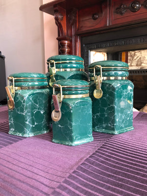 Set of 4 Vintage Green Marble Finish Canisters