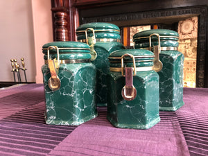 Set of 4 Vintage Green Marble Finish Canisters