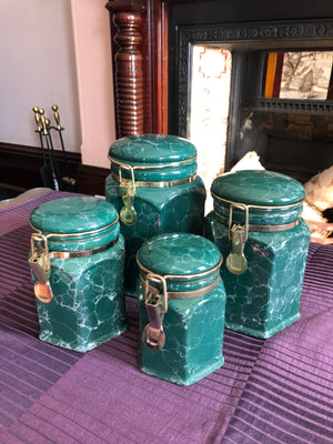 Set of 4 Vintage Green Marble Finish Canisters