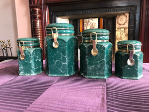 Set of 4 Vintage Green Marble Finish Canisters