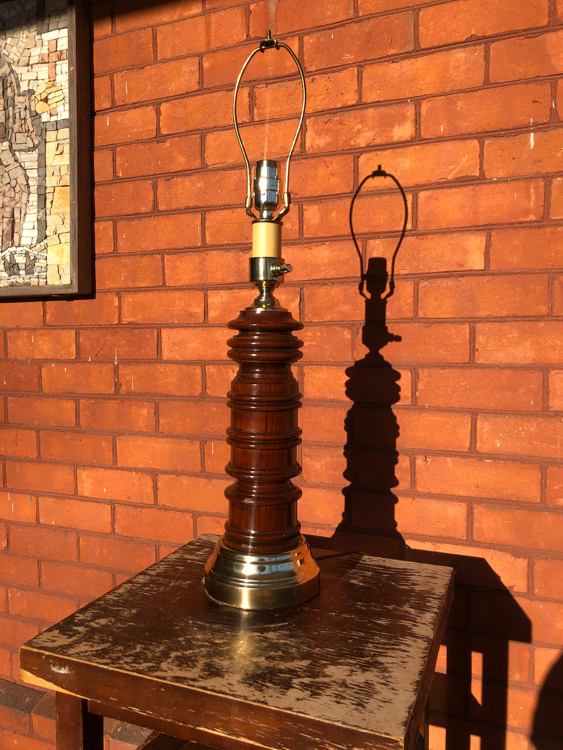 Heavy Weight Brass and Nice Dark Grain Wooden Table Lamp