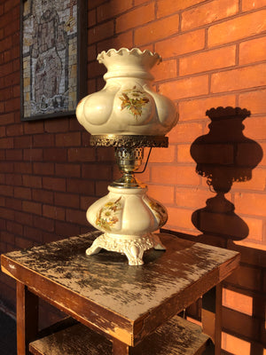 Vintage Hand Painted Milk Glass Hurricane Table Lamp