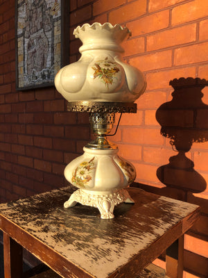 Vintage Hand Painted Milk Glass Hurricane Table Lamp