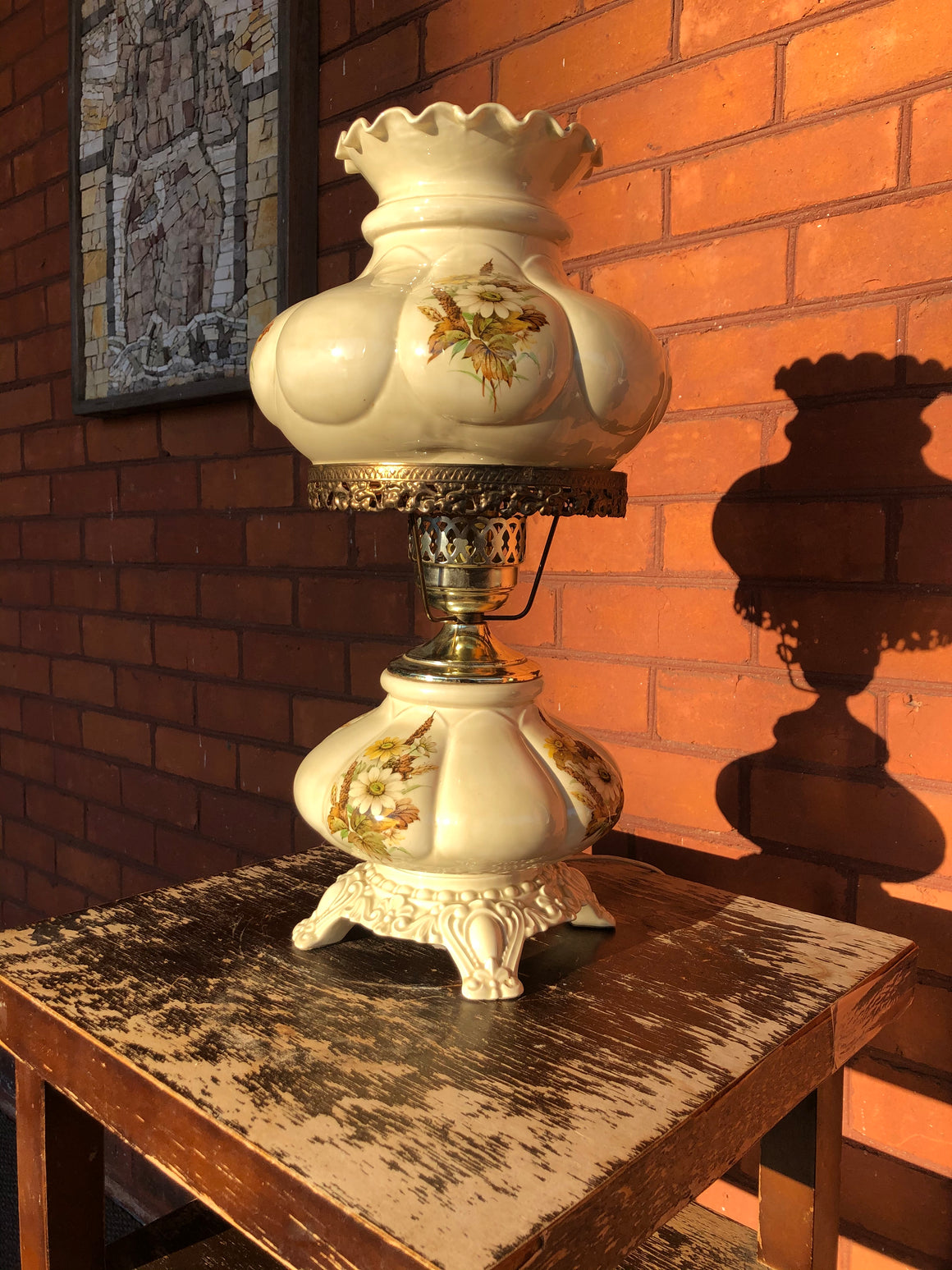 Vintage Hand Painted Milk Glass Hurricane Table Lamp