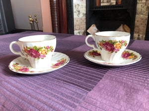 Set of 8 Vintage Cottage Rose Wood Sons Ironstone Tea Cups and Saucers