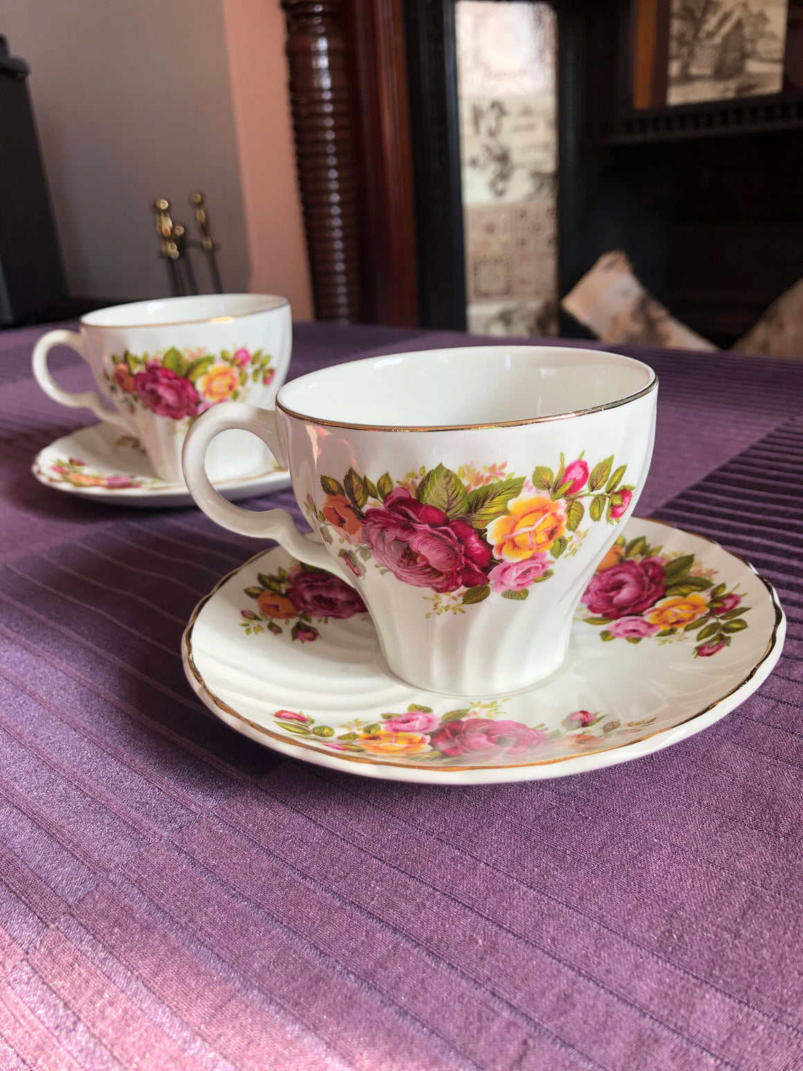 Set of 8 Vintage Cottage Rose Wood Sons Ironstone Tea Cups and Saucers