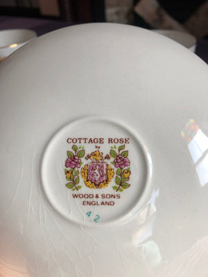 Set of 8 Vintage Cottage Rose Wood Sons Ironstone Tea Cups and Saucers