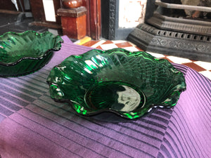 Set of 2 Vintage Emerald Green Pressed Glass Bowls