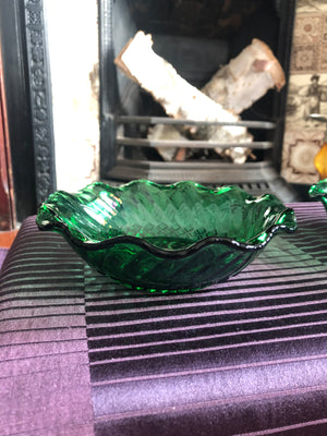 Set of 2 Vintage Emerald Green Pressed Glass Bowls