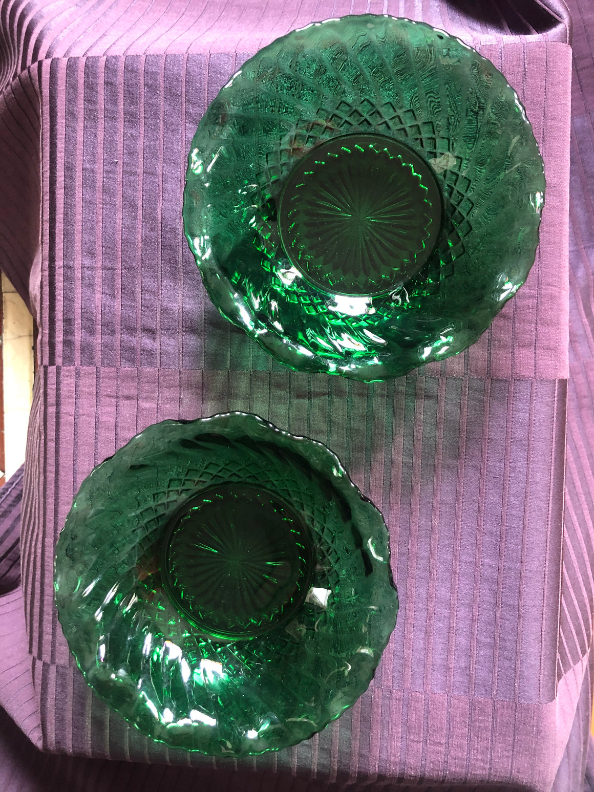 Set of 2 Vintage Emerald Green Pressed Glass Bowls