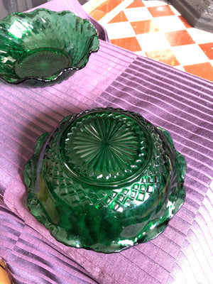 Set of 2 Vintage Emerald Green Pressed Glass Bowls