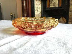 Vintage Indiana Amber Glass Bowl with Scalloped Rim and Handles