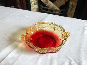 Vintage Indiana Amber Glass Bowl with Scalloped Rim and Handles
