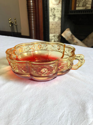 Vintage Indiana Amber Glass Bowl with Scalloped Rim and Handles