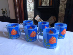 Set of 6 French Blue Clear Glass Etched Mugs