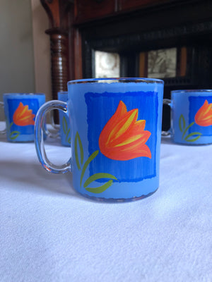 Set of 6 French Blue Clear Glass Etched Mugs