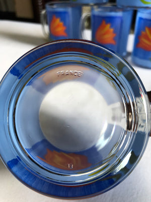 Set of 6 French Blue Clear Glass Etched Mugs