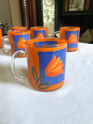 Set of 6 French Orange and Blue Clear Glass Etched Mugs