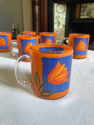 Set of 6 French Orange and Blue Clear Glass Etched Mugs