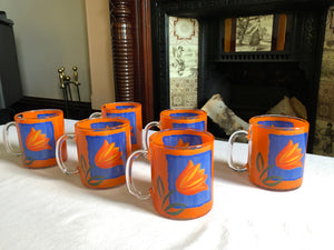 Set of 6 French Orange and Blue Clear Glass Etched Mugs