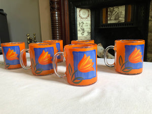 Set of 6 French Orange and Blue Clear Glass Etched Mugs