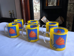 Set of 6 French Yellow and Blue Clear Glass Etched Mugs