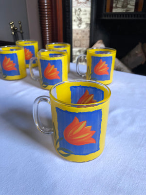 Set of 6 French Yellow and Blue Clear Glass Etched Mugs