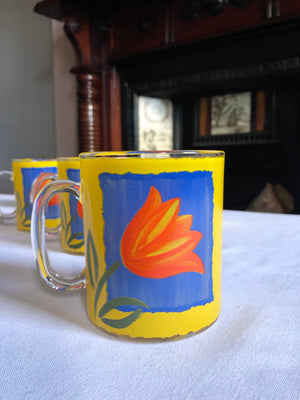 Set of 6 French Yellow and Blue Clear Glass Etched Mugs