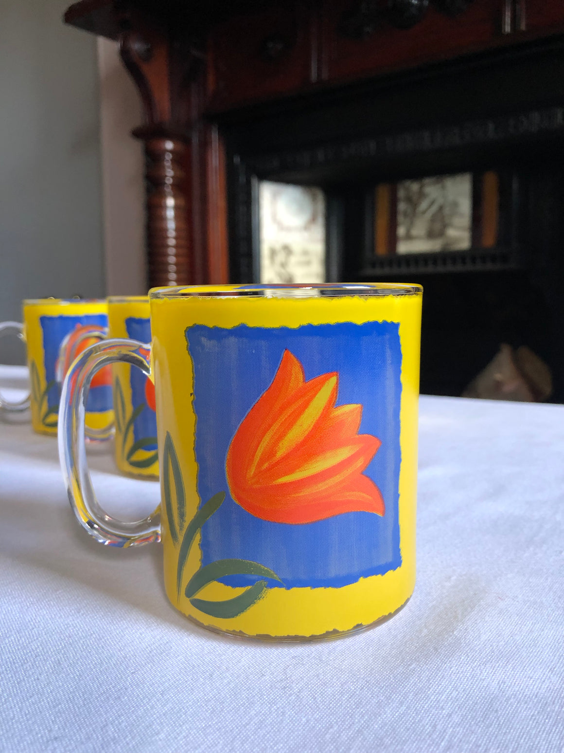 Set of 6 French Yellow and Blue Clear Glass Etched Mugs
