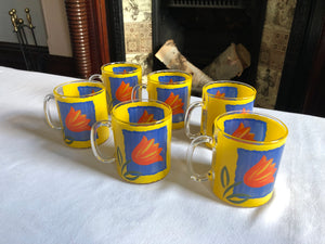 Set of 6 French Yellow and Blue Clear Glass Etched Mugs