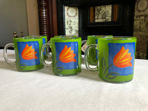 Set of 6 French Green Clear Glass Etched Mugs