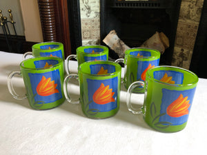 Set of 6 French Green Clear Glass Etched Mugs