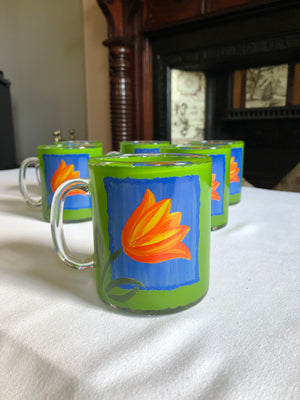 Set of 6 French Green Clear Glass Etched Mugs